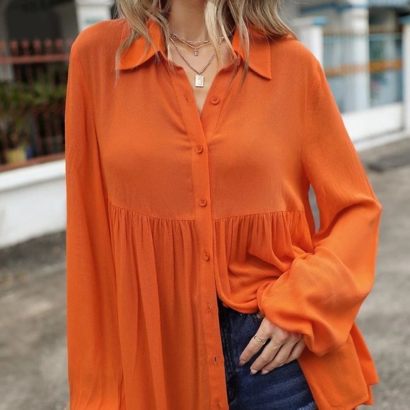 Contemporary Button Front Smock Shirt Orange - Picture 3 of 4